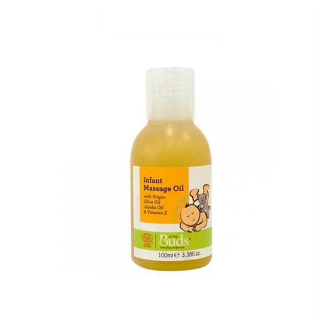 BUDS organic infant massage oil in a 100ml bottle for soothing baby massages