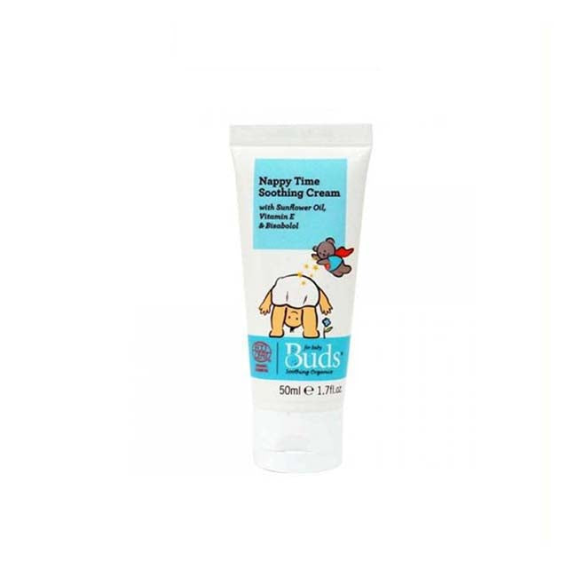 BUDS organic nappy rash cream in a 50ml tube with soothing ingredients for sensitive skin