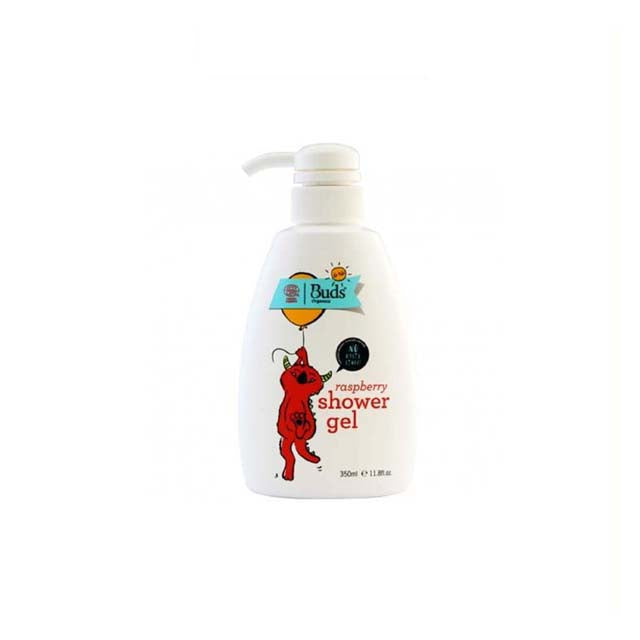 BUDS raspberry shower gel for kids in a pump bottle featuring a playful design