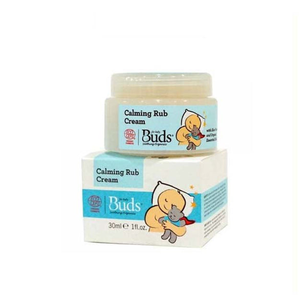 BUDS Calming Rub Cream jar and box 30ml with baby hugging teddy illustration soothing rub cream for babies
