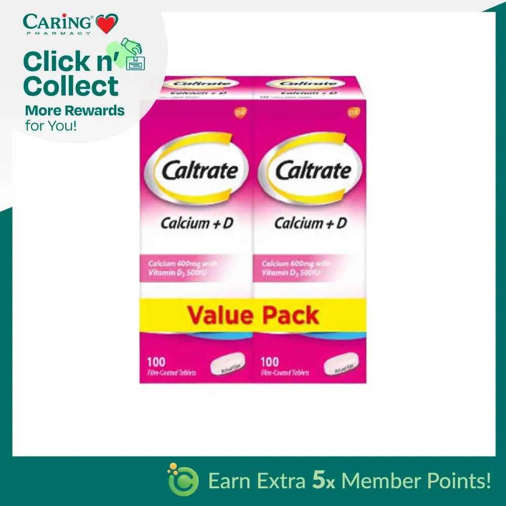 Caltrate 600+D value pack with 100 calcium tablets enriched with Vitamin D for bone health