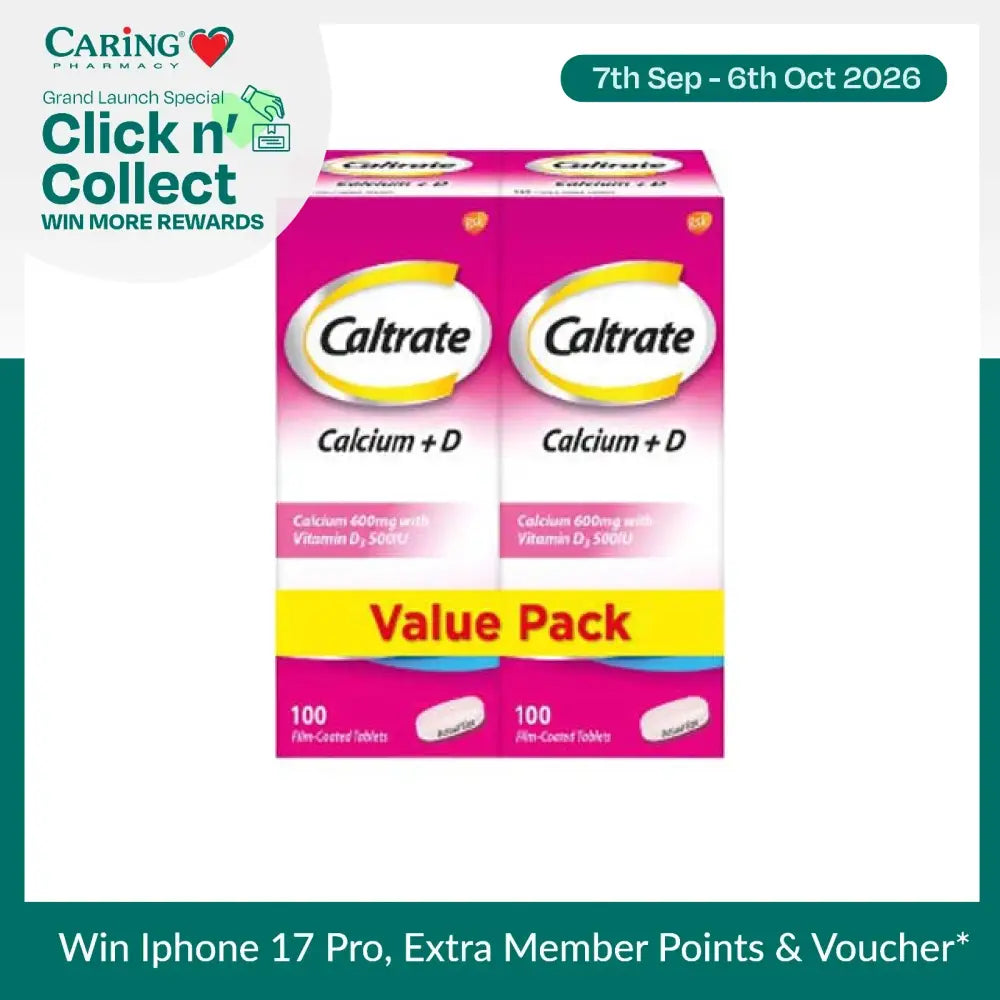 Caltrate 600+D value pack with 100 calcium tablets enriched with Vitamin D for bone health