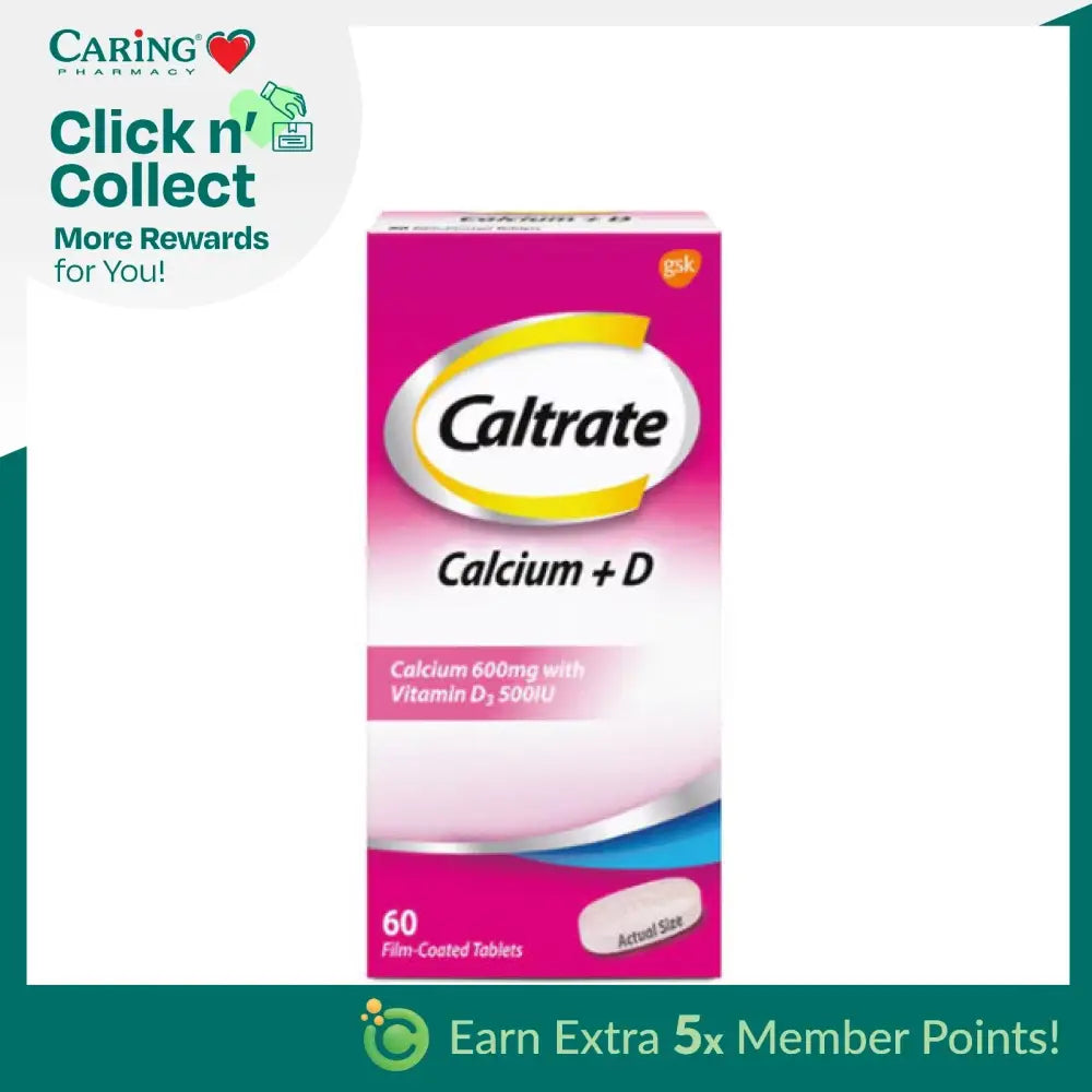 Caltrate 600+D supplement with 60 film-coated tablets for calcium and vitamin D support