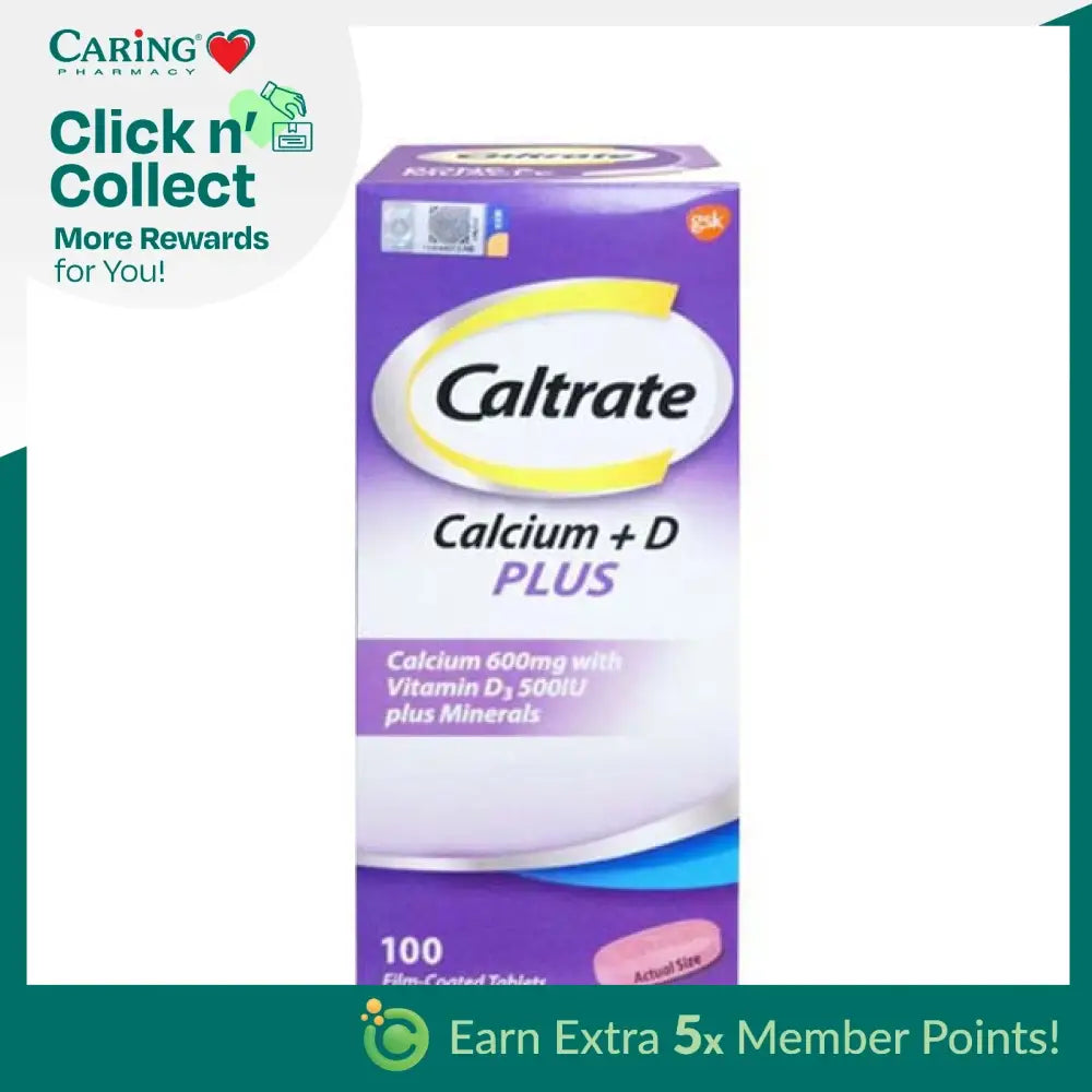 Caltrate 600 Plus tablets pack containing 100 film-coated tablets with calcium and vitamin D
