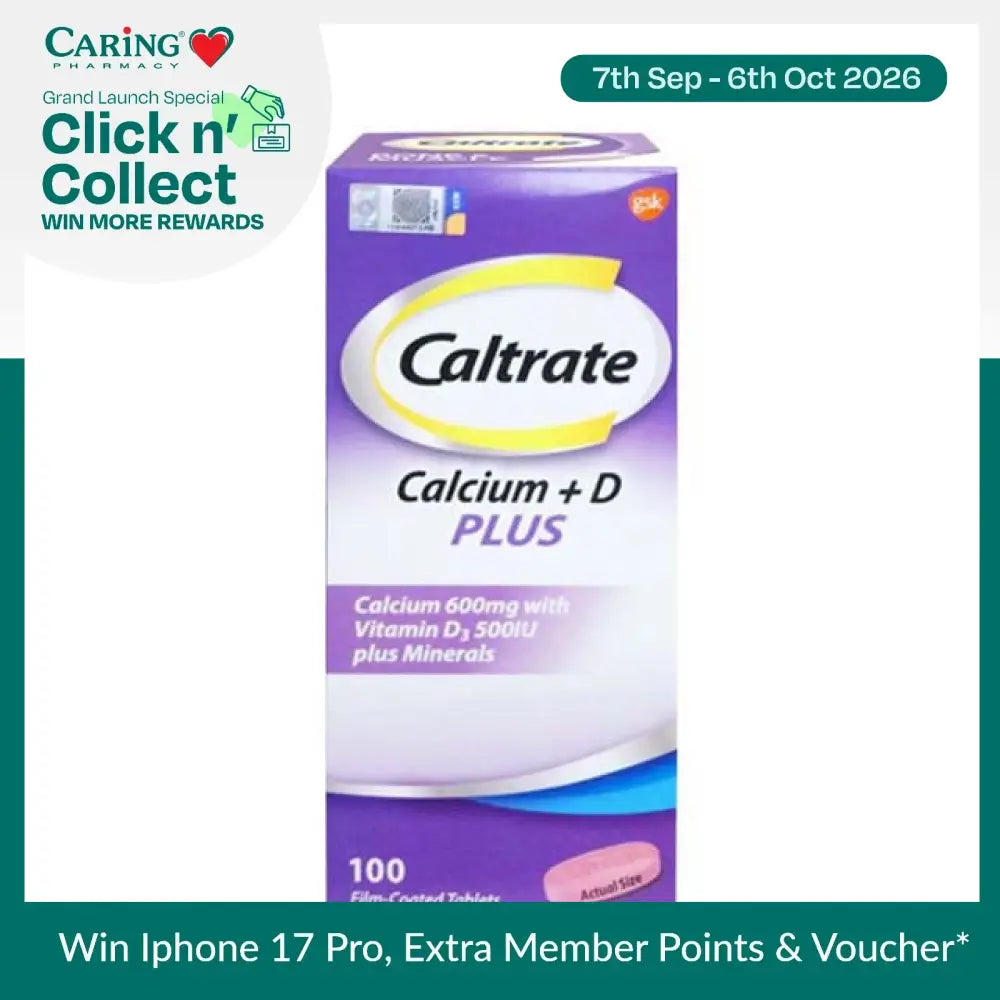 Caltrate 600 Plus tablets pack containing 100 film-coated tablets with calcium and vitamin D