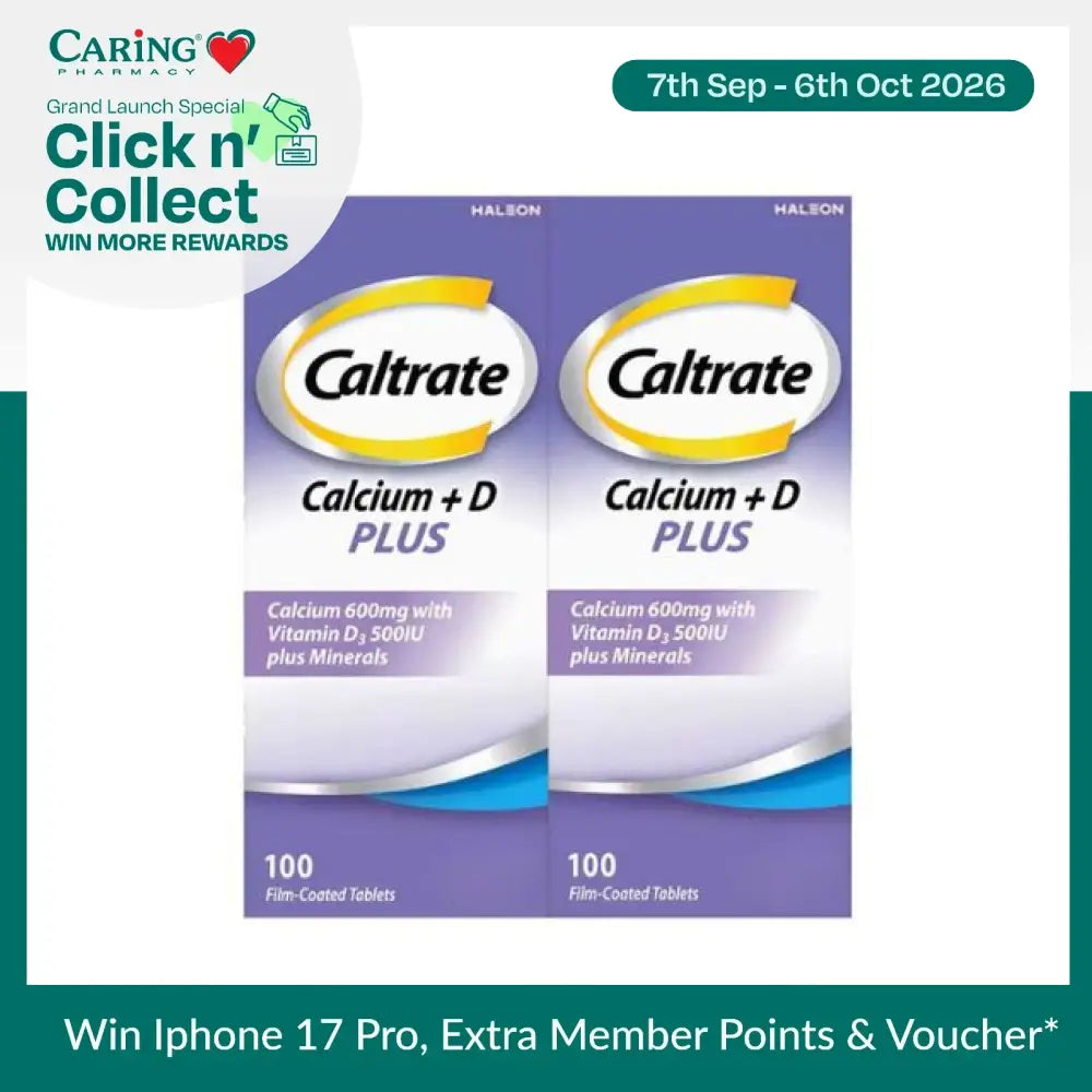 Caltrate 600 Plus supplement box containing 100 film-coated tablets with calcium and vitamin D