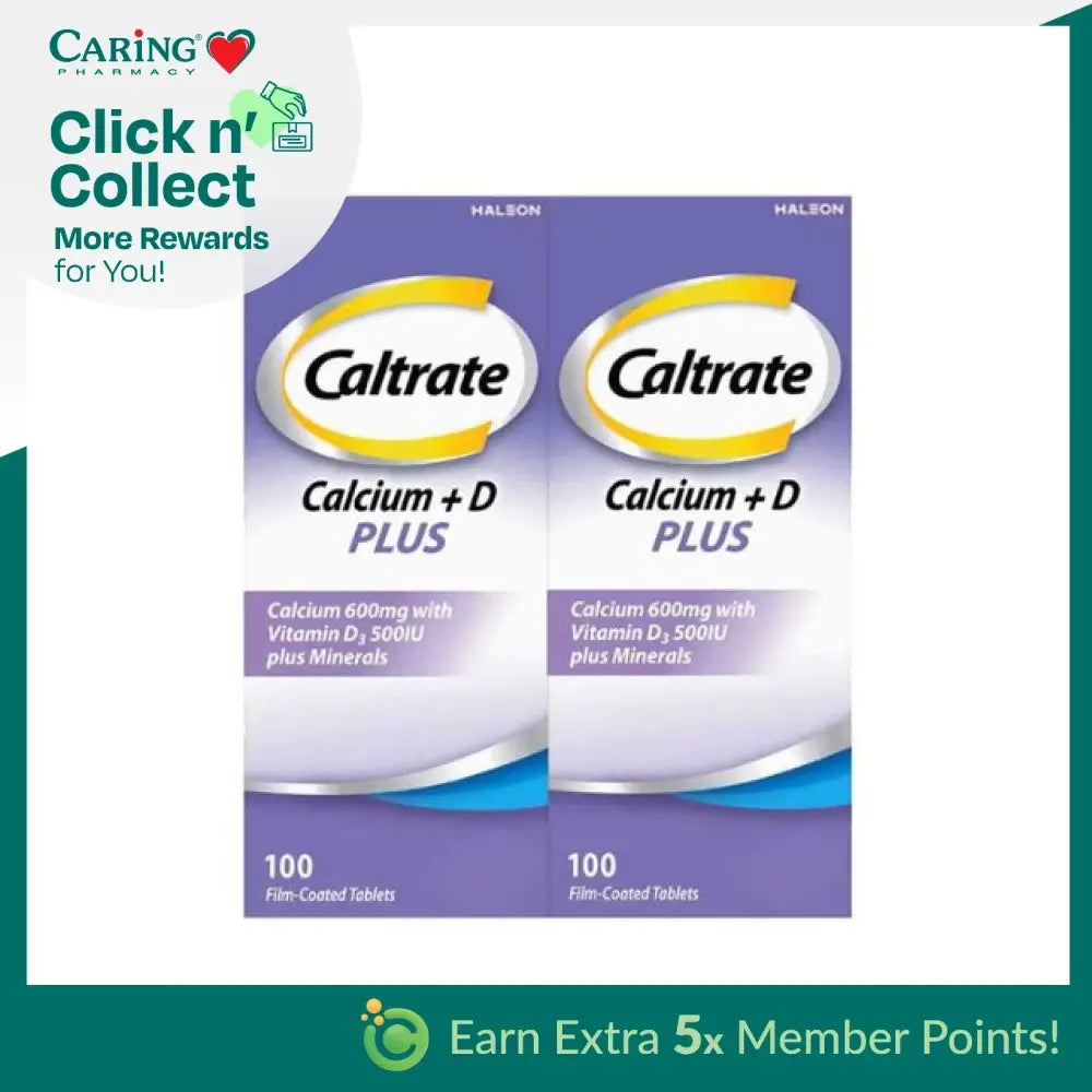 Caltrate 600 Plus supplement box containing 100 film-coated tablets with calcium and vitamin D