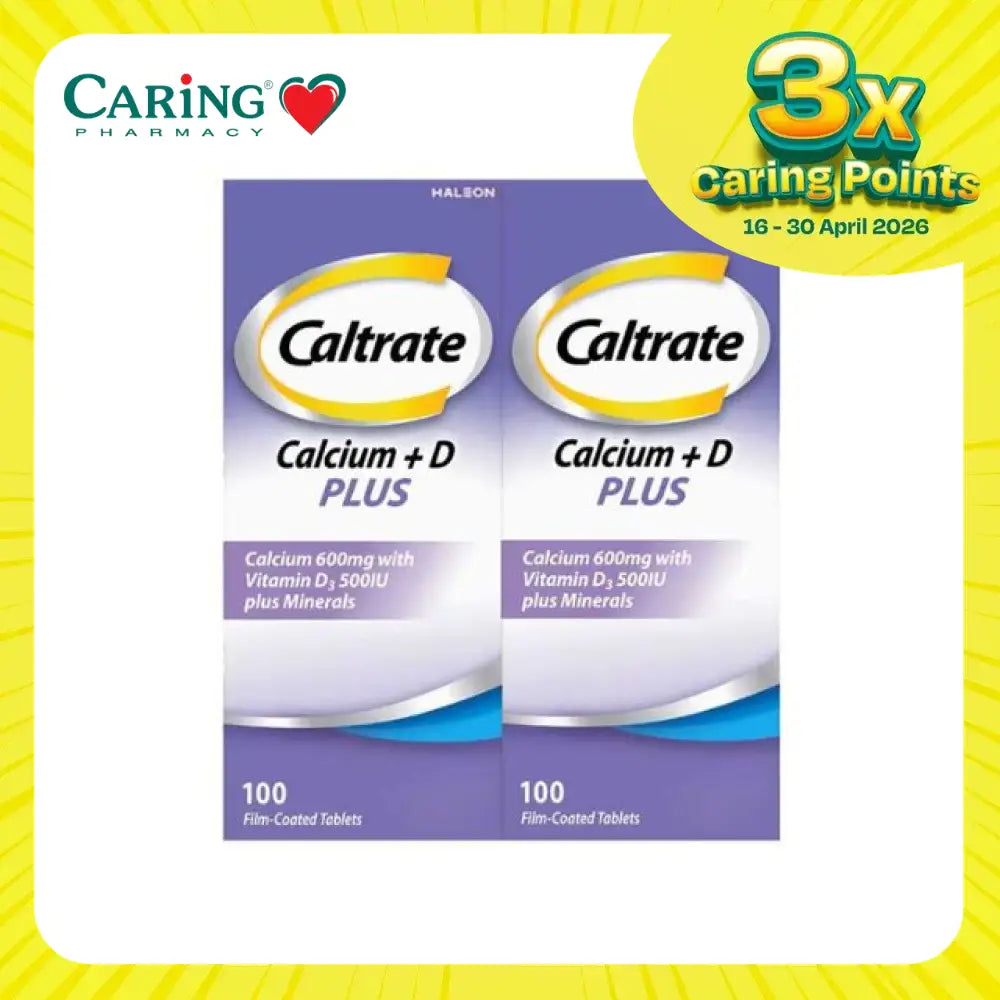 Caltrate 600 Plus supplement box containing 100 film-coated tablets with calcium and vitamin D