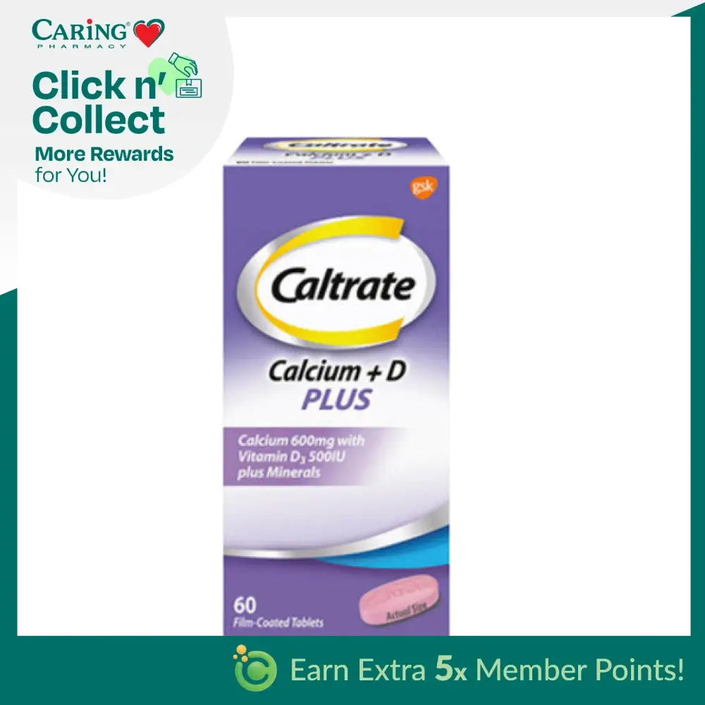 CALTRATE 600 Plus calcium supplement with Vitamin D and minerals in a box of 60 film-coated tablets