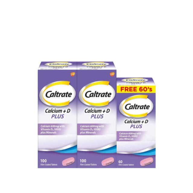 Caltrate 600 Plus calcium supplement pack with 100 tablets plus 60 free tablets for bone health