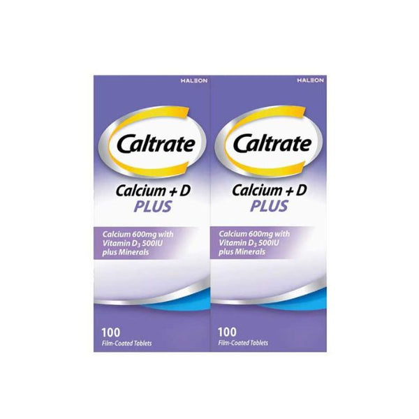 Caltrate 600 Plus supplement box containing 100 film-coated tablets with calcium and vitamin D