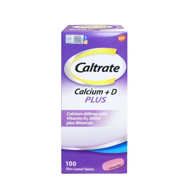 Caltrate 600 Plus tablets pack containing 100 film-coated tablets with calcium and vitamin D