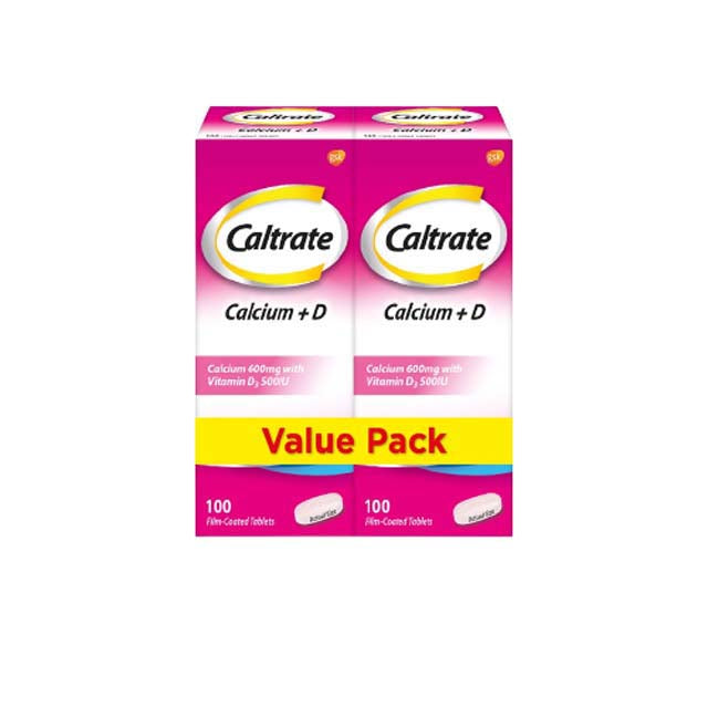 Caltrate 600+D value pack with 100 calcium tablets enriched with Vitamin D for bone health