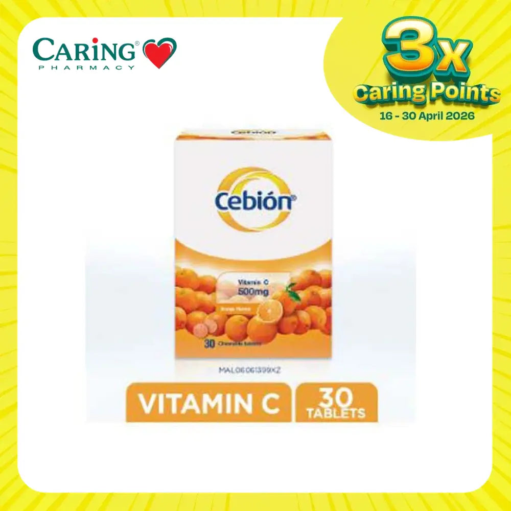 Cebion chewable vitamin C 30 tablets, orange-flavored, for immune support and daily wellness.