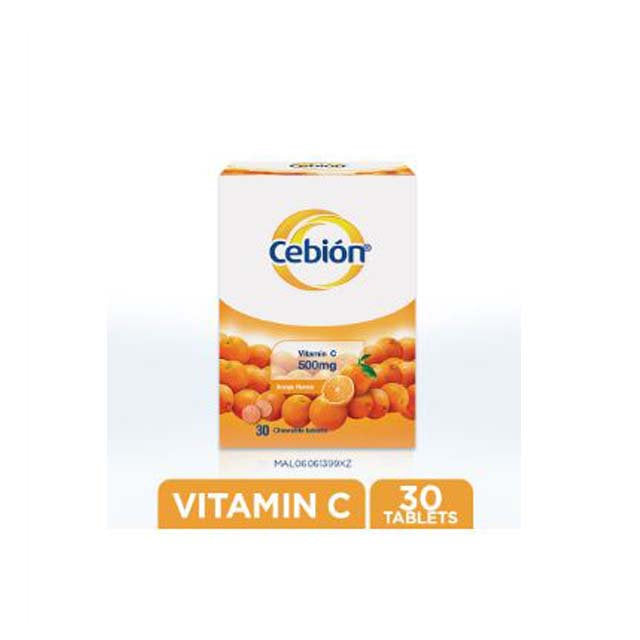 Cebion chewable vitamin C 30 tablets, orange-flavored, for immune support and daily wellness.