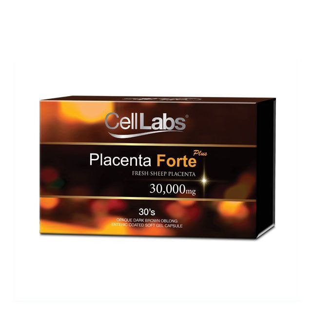 CellLabs Placenta Forte Plus supplement box featuring 30 capsules of fresh sheep placenta with 30,000mg dosage