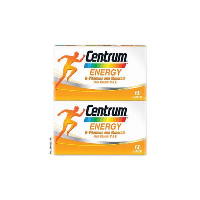 Centrum Energy vitamins 60 tablets packaging featuring B-vitamins and minerals for energy support