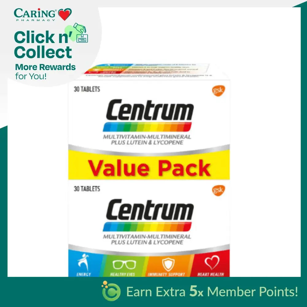 Centrum multivitamin with lutein and lycopene Value Pack of 30 Tablets for energy and heart health
