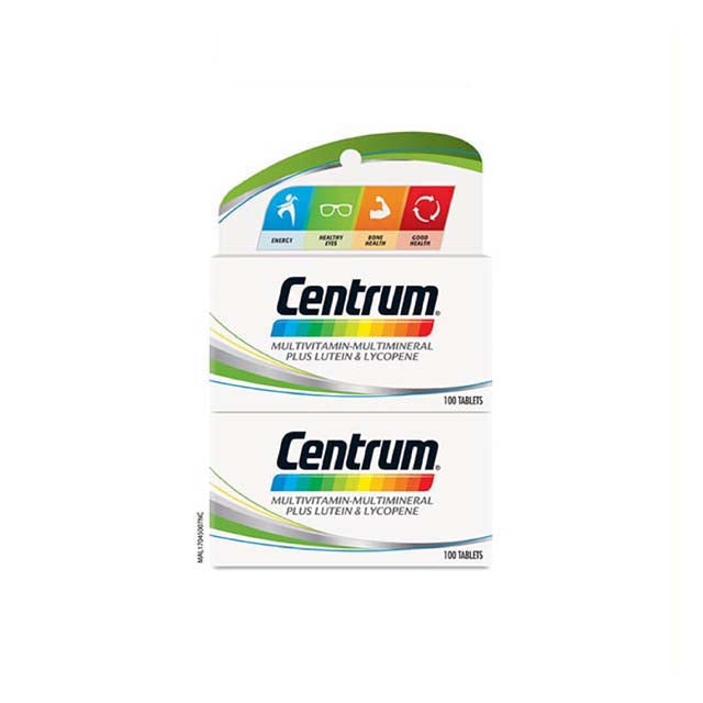 Centrum multivitamin tablets packaging featuring 100 tablets for daily nutritional support