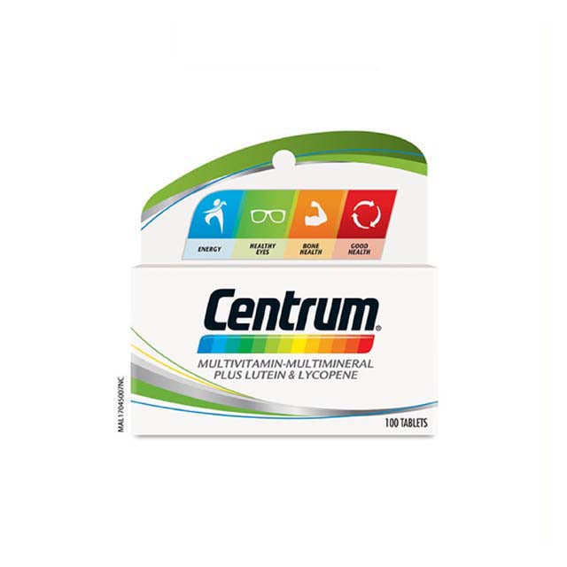 Centrum multivitamin tablets 100s packaging with essential vitamins and minerals for overall health