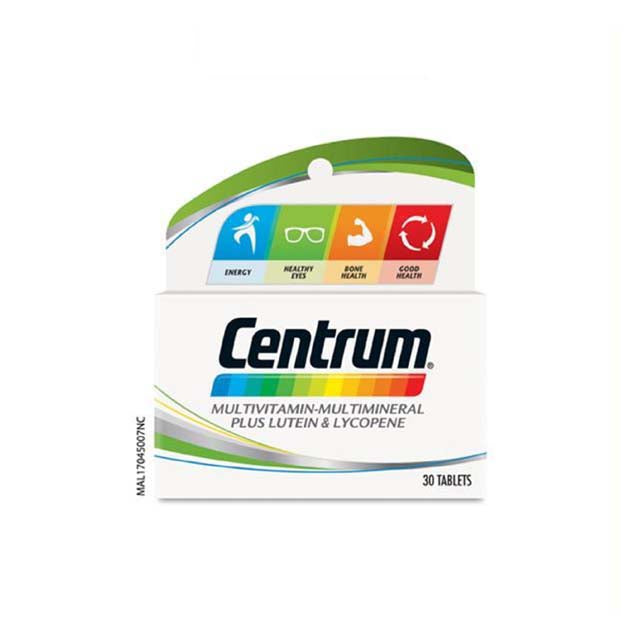 Centrum multivitamin tablets 30s pack featuring energy and bone health support with lutein and lycopene