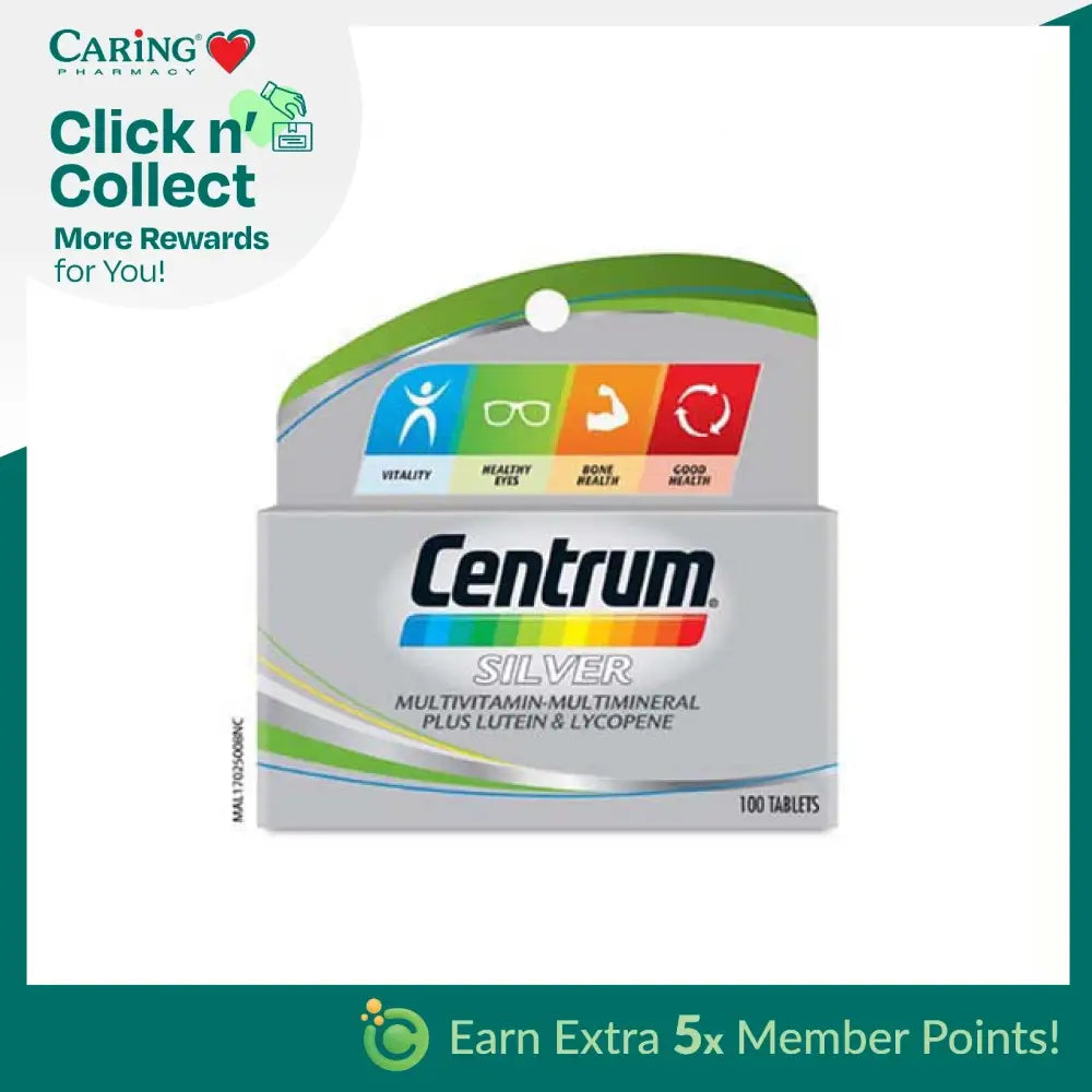 Centrum Silver multivitamin for seniors with lutein and lycopene in a 100 tablet package