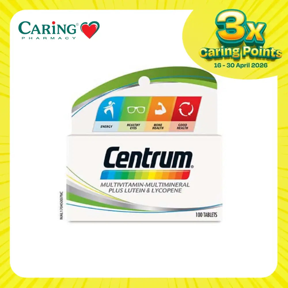 Centrum multivitamin tablets 100s packaging with essential vitamins and minerals for overall health