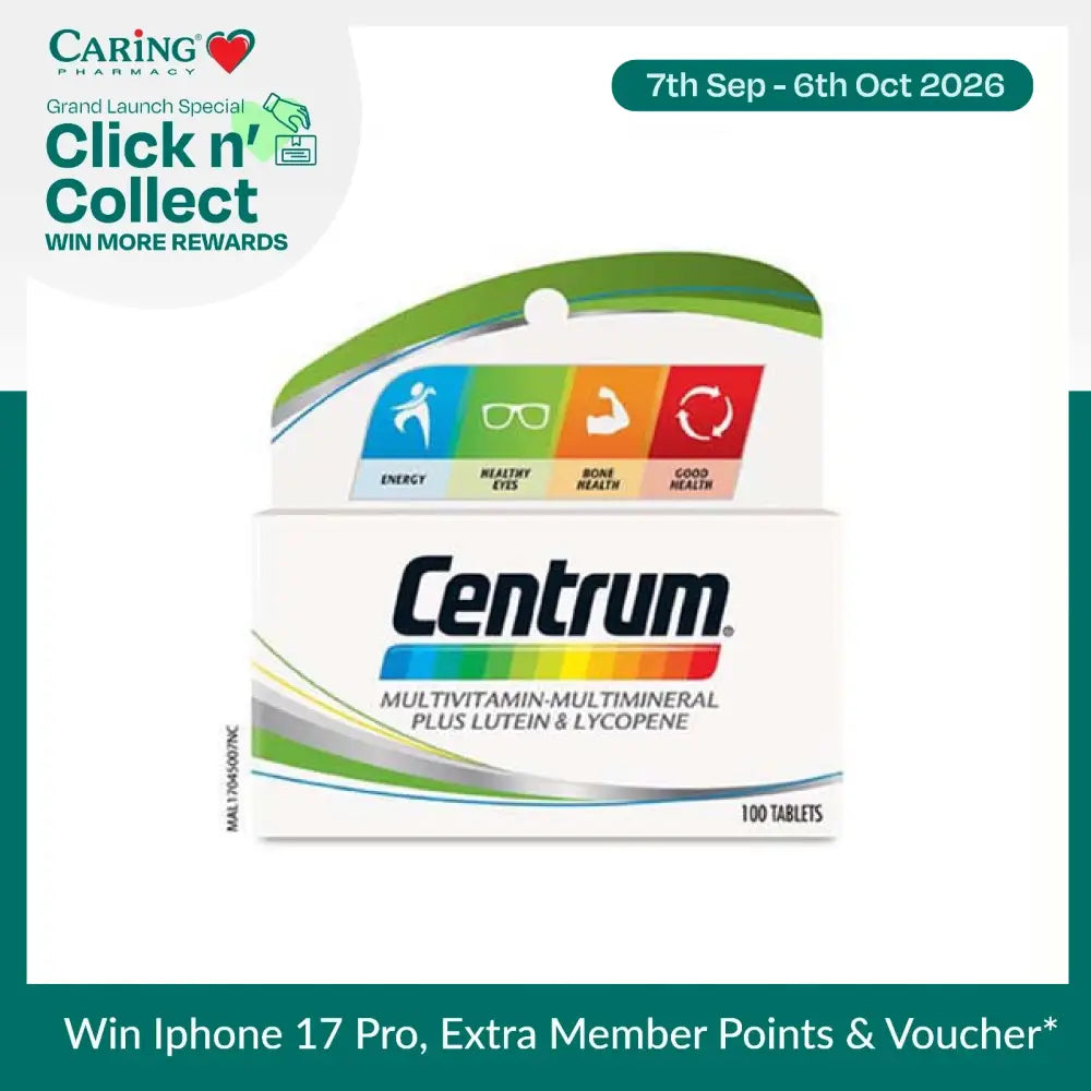 Centrum multivitamin tablets 100s packaging with essential vitamins and minerals for overall health