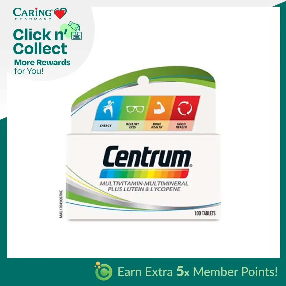 Centrum multivitamin tablets 100s packaging with essential vitamins and minerals for overall health