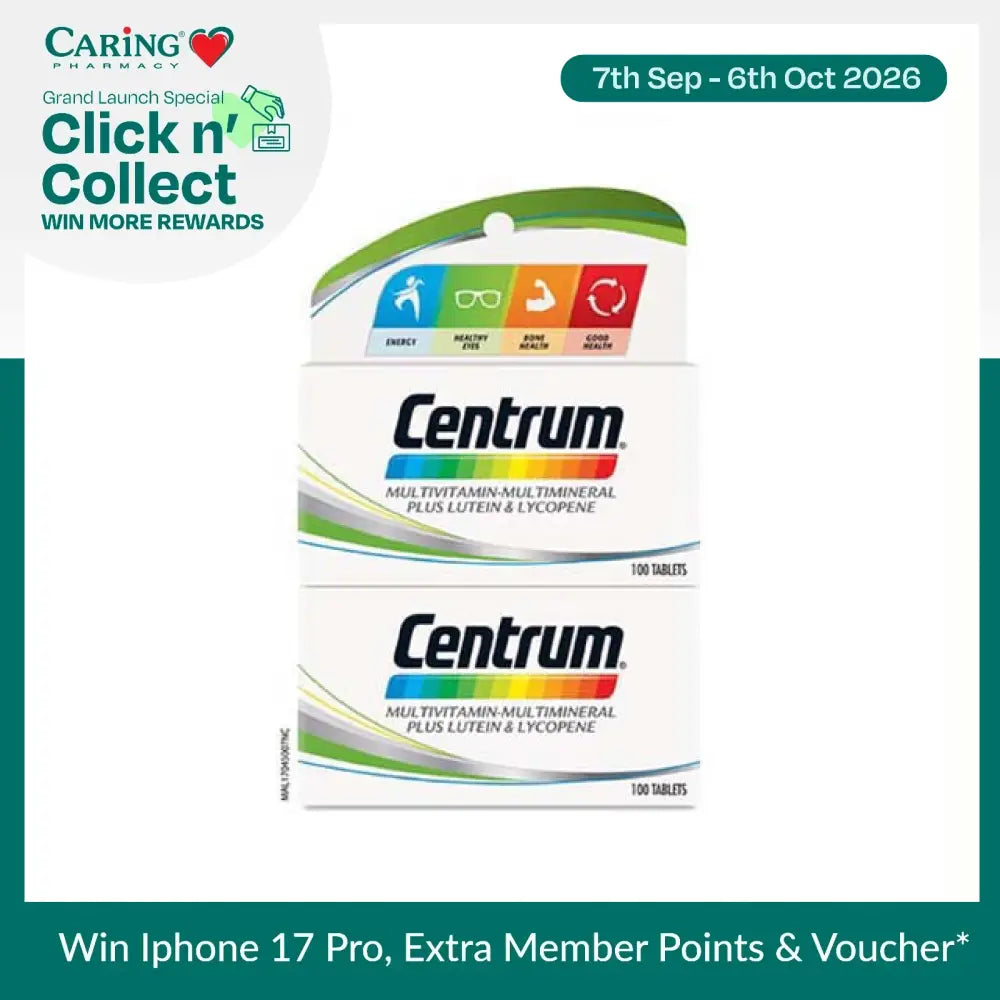 Centrum multivitamin tablets packaging featuring 100 tablets for daily nutritional support