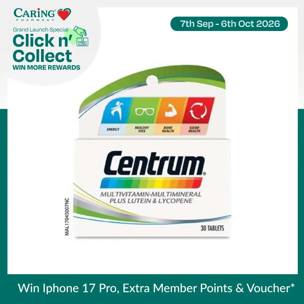 Centrum multivitamin tablets 30s pack featuring energy and bone health support with lutein and lycopene
