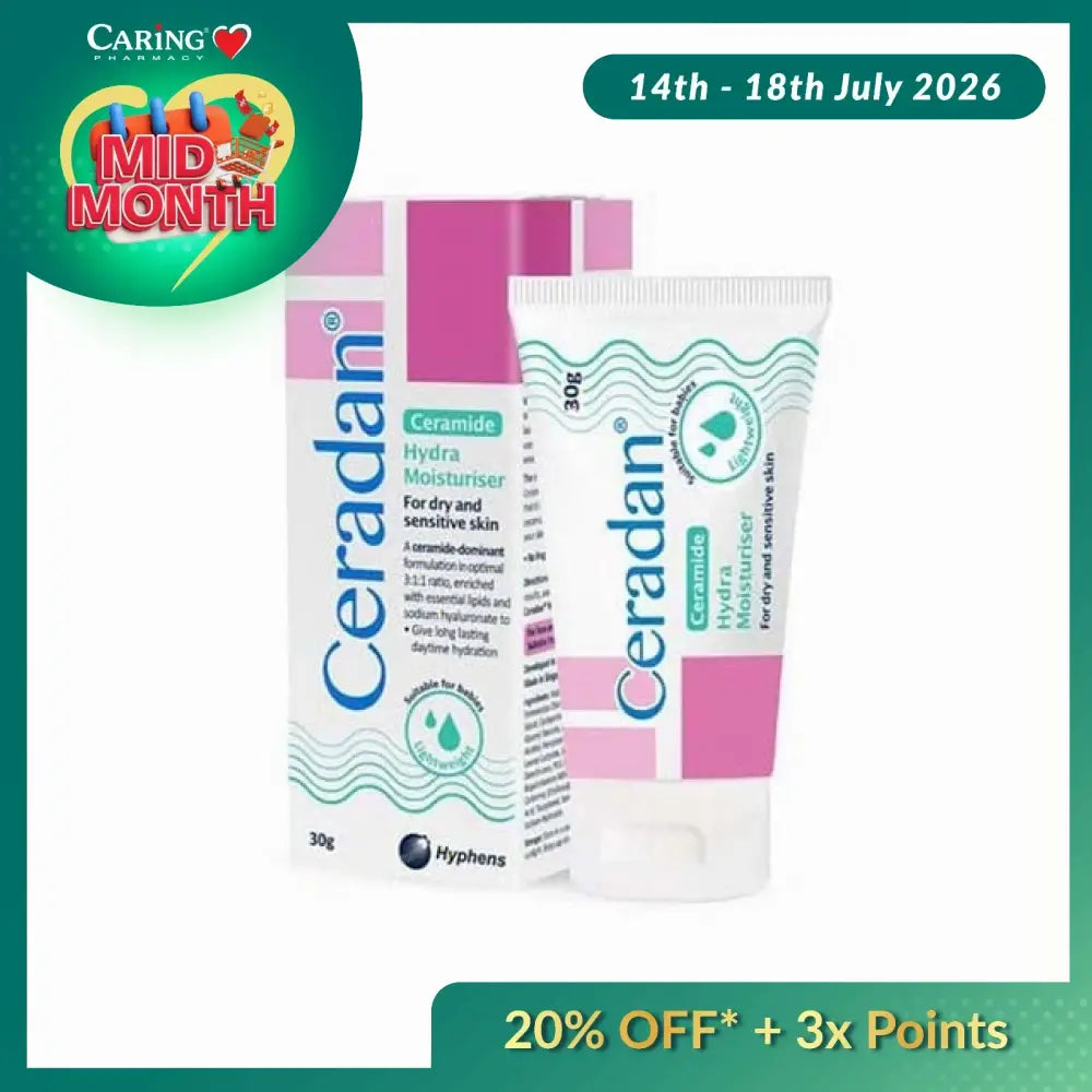 Ceradan Hydra Moisturiser for dry skin in 30g tube with pink and white packaging