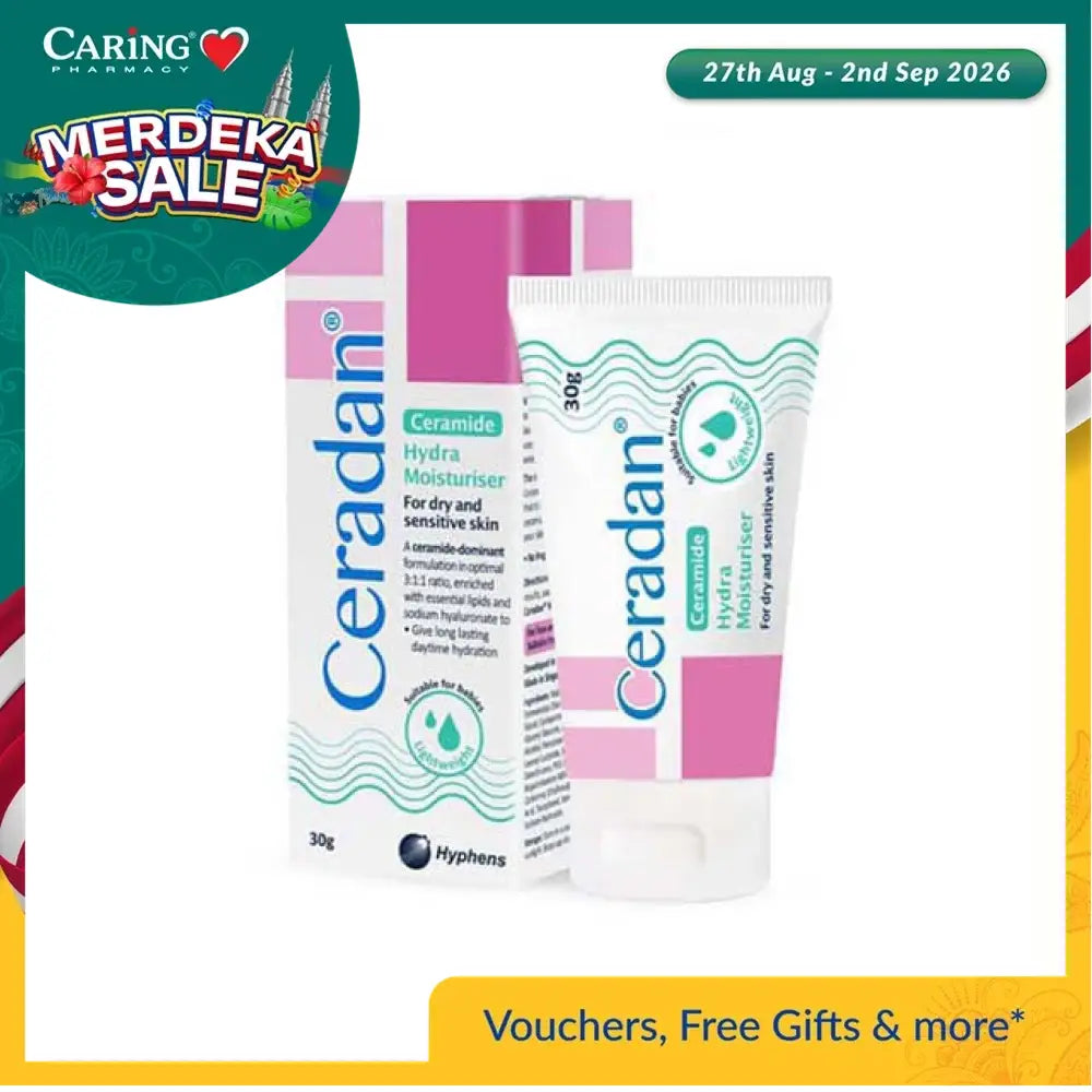 Ceradan Hydra Moisturiser for dry skin in 30g tube with pink and white packaging