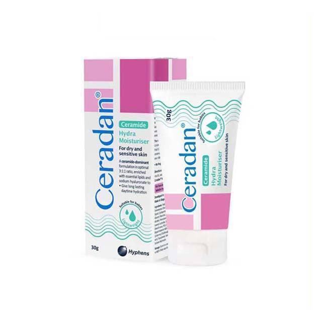 Ceradan Hydra Moisturiser for dry skin in 30g tube with pink and white packaging