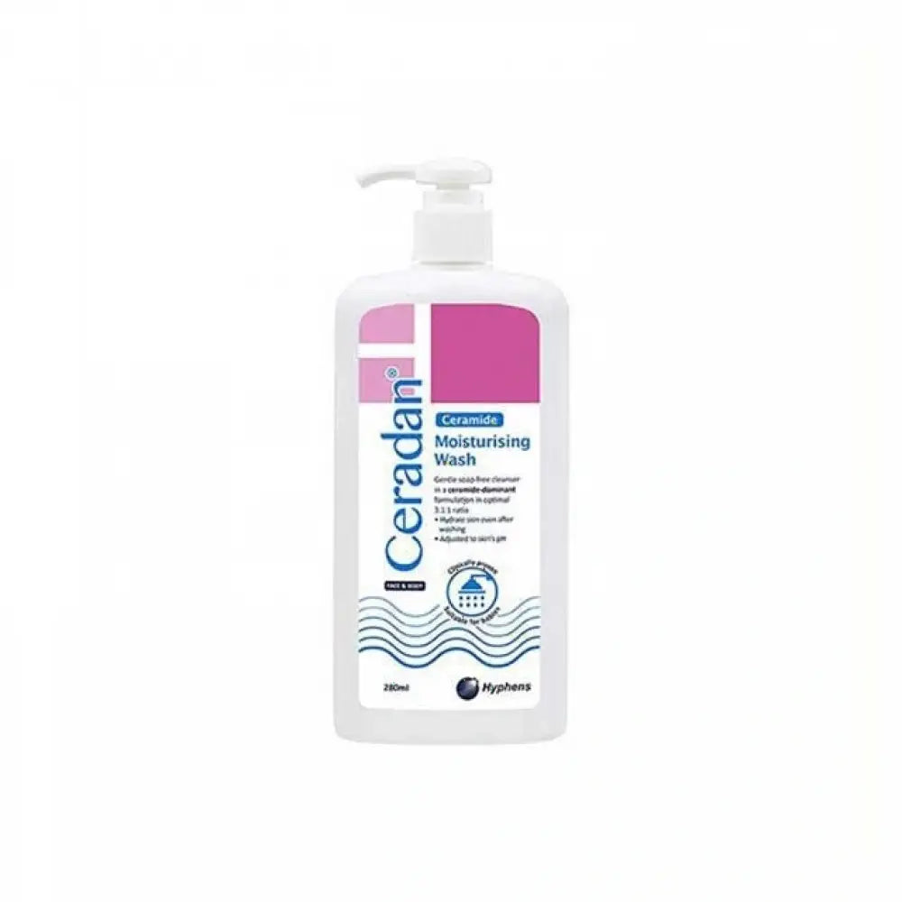 Ceradan Moisturising Wash 280ml in a white bottle with pump for gentle skin hydration