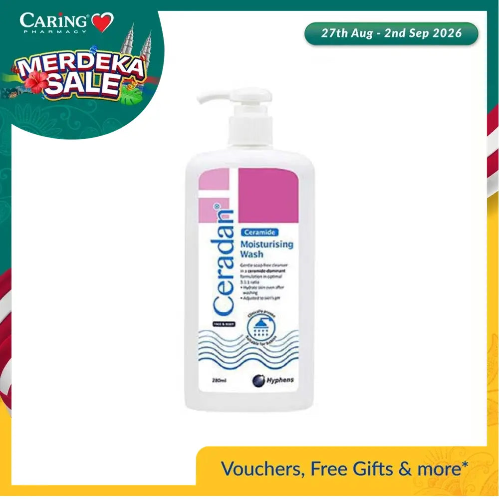Ceradan Moisturising Wash 280ml in a white bottle with pump for gentle skin hydration