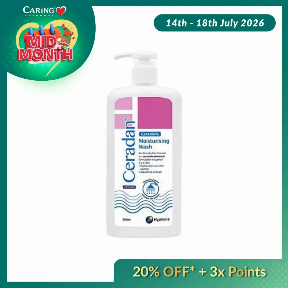 Ceradan Moisturising Wash 280ml in a white bottle with pump for gentle skin hydration