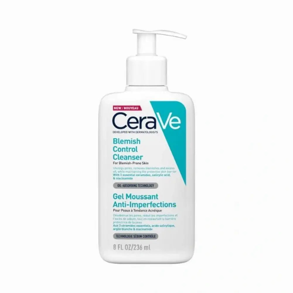 La Roche-Posay CeraVe Acne Blemish Control Cleanser bottle with clear instructions on the back