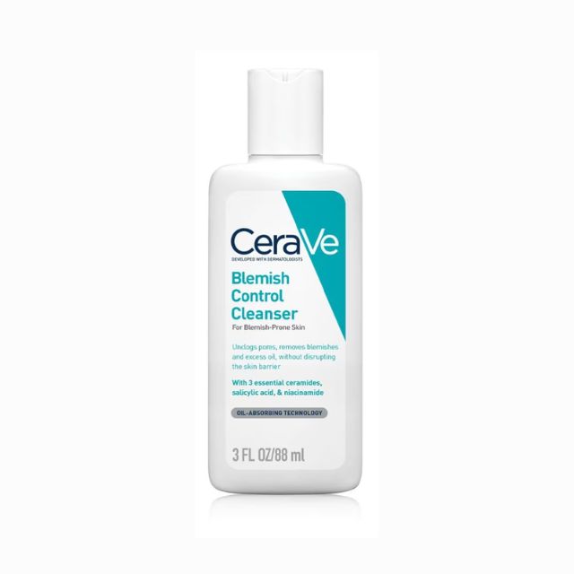 CeraVe Acne Blemish Control Cleanser in a 3 FL OZ bottle with essential ceramides and salicylic acid.