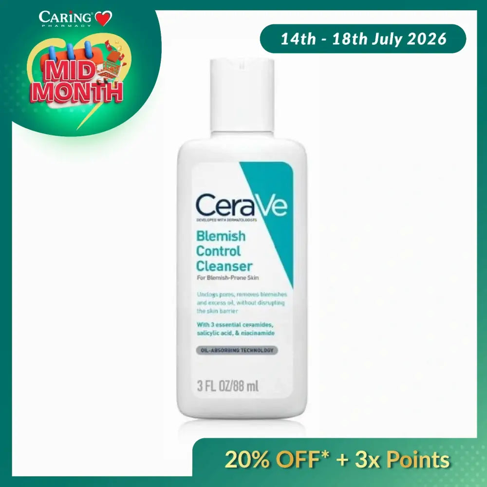 CeraVe Acne Blemish Control Cleanser in a 3 FL OZ bottle with essential ceramides and salicylic acid.