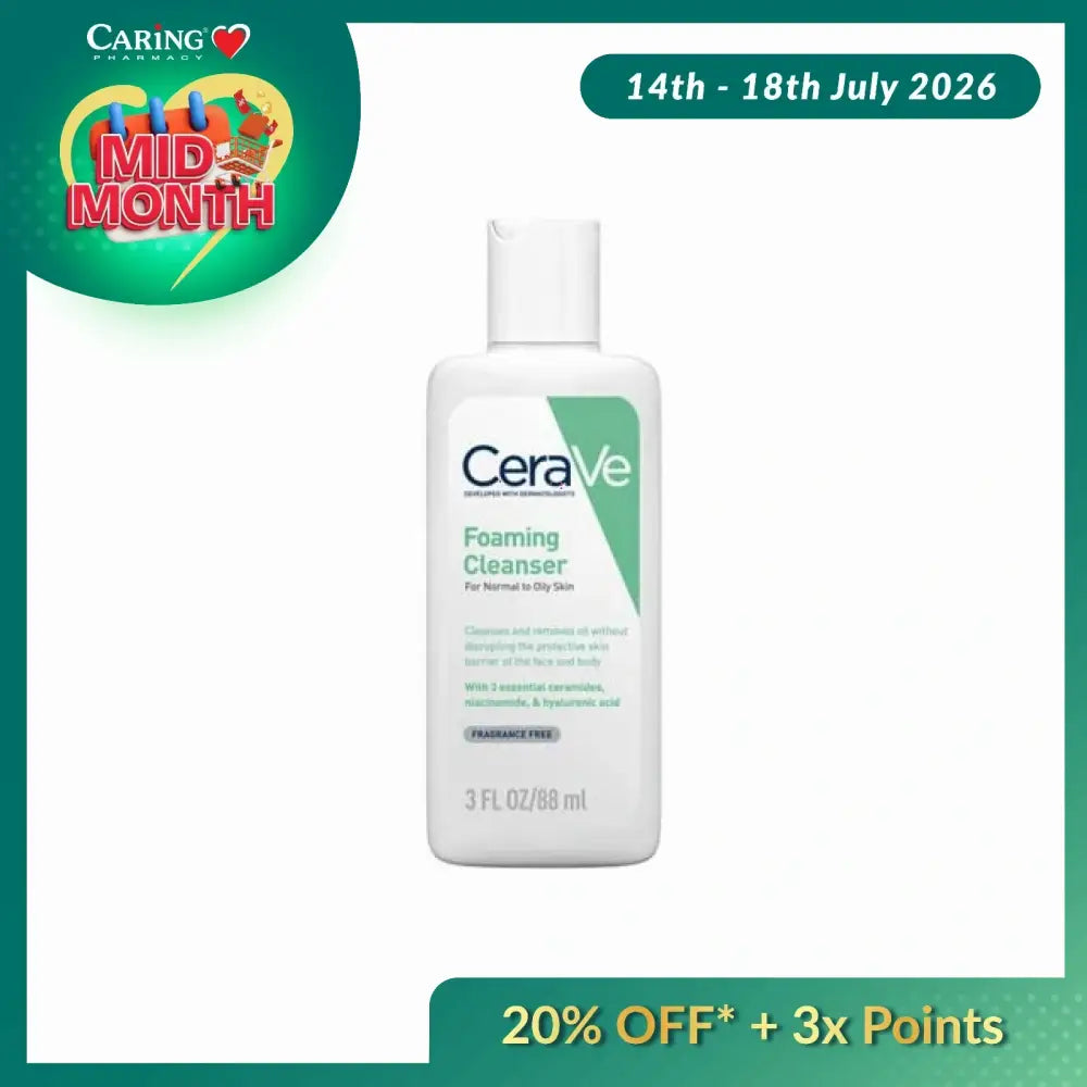 Cerave foaming cleanser 88ml designed for normal to oily skin, featuring hydrating ingredients and a gentle formula