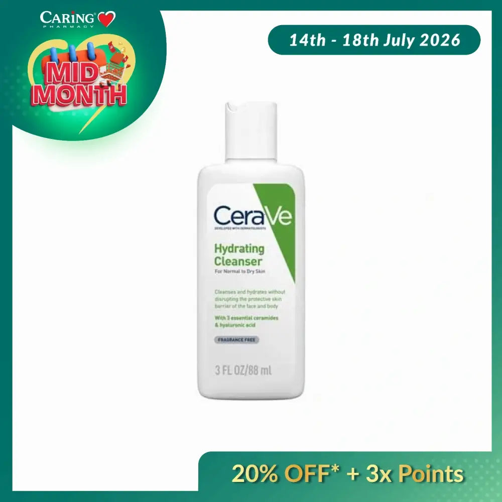 CeraVe Hydrating Cleanser 88ml in a white bottle with green label for normal to dry skin