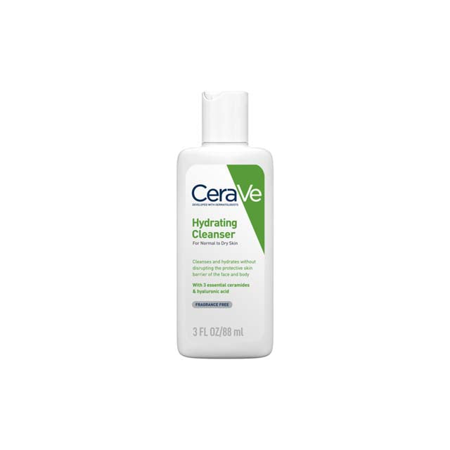 CeraVe Hydrating Cleanser 88ml in a white bottle with green label for normal to dry skin