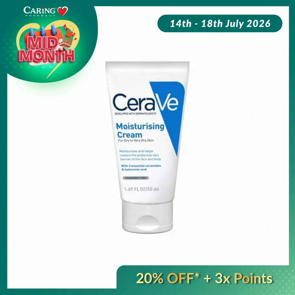 CeraVe Moisturising Cream 50ml in a tube for dry to very dry skin hydration and protection
