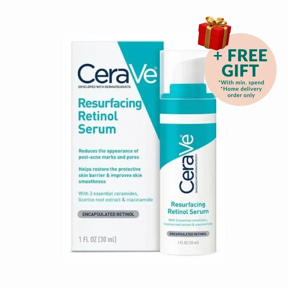 CeraVe resurfacing retinol serum in a pump bottle with packaging for smoother skin and reduced pores