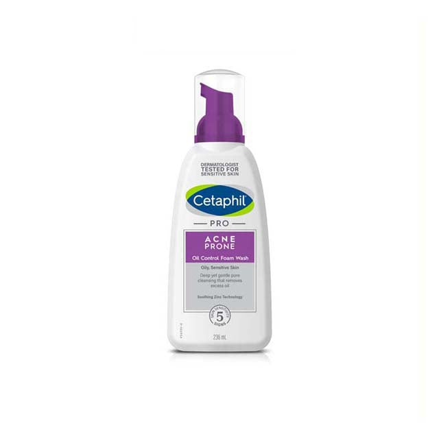 Cetaphil acne prone oil control foam wash in a pump bottle for oily and sensitive skin care