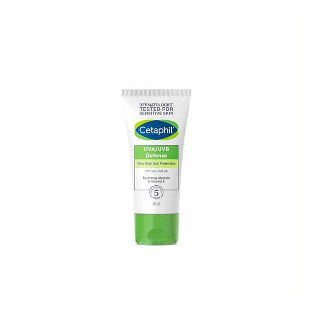 Cetaphil Daily Defense Cream SPF50 in a tube for sensitive skin with UVA/UVB protection