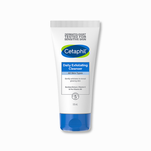 Cetaphil daily exfoliating cleanser in a tube for all skin types, enriched with bamboo extract and Vitamin E