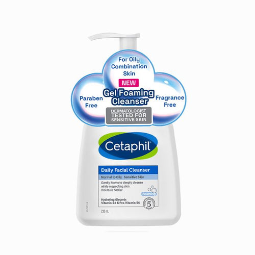 Cetaphil Daily Facial Cleanser in a pump bottle, designed for oily and combination skin with hydrating ingredients