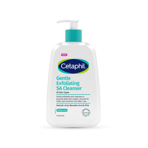 Cetaphil Gentle Exfoliating SA Cleanser in a pump bottle for gentle skin exfoliation and cleansing